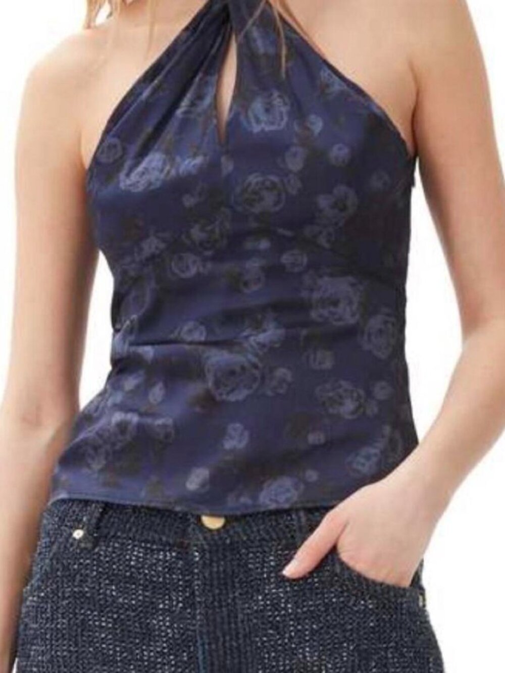 Ganni navy floral printed satin keyhole halter top, size 38/US 6